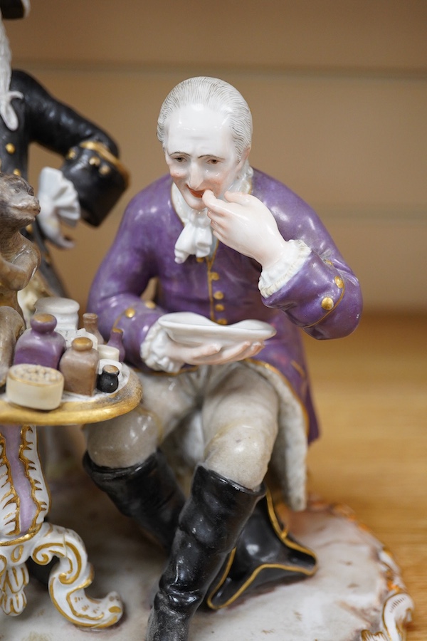 A 19th century Meissen group of The Dentist, outside decorated, incised model no. 186, 21cm. Condition - broken and restored